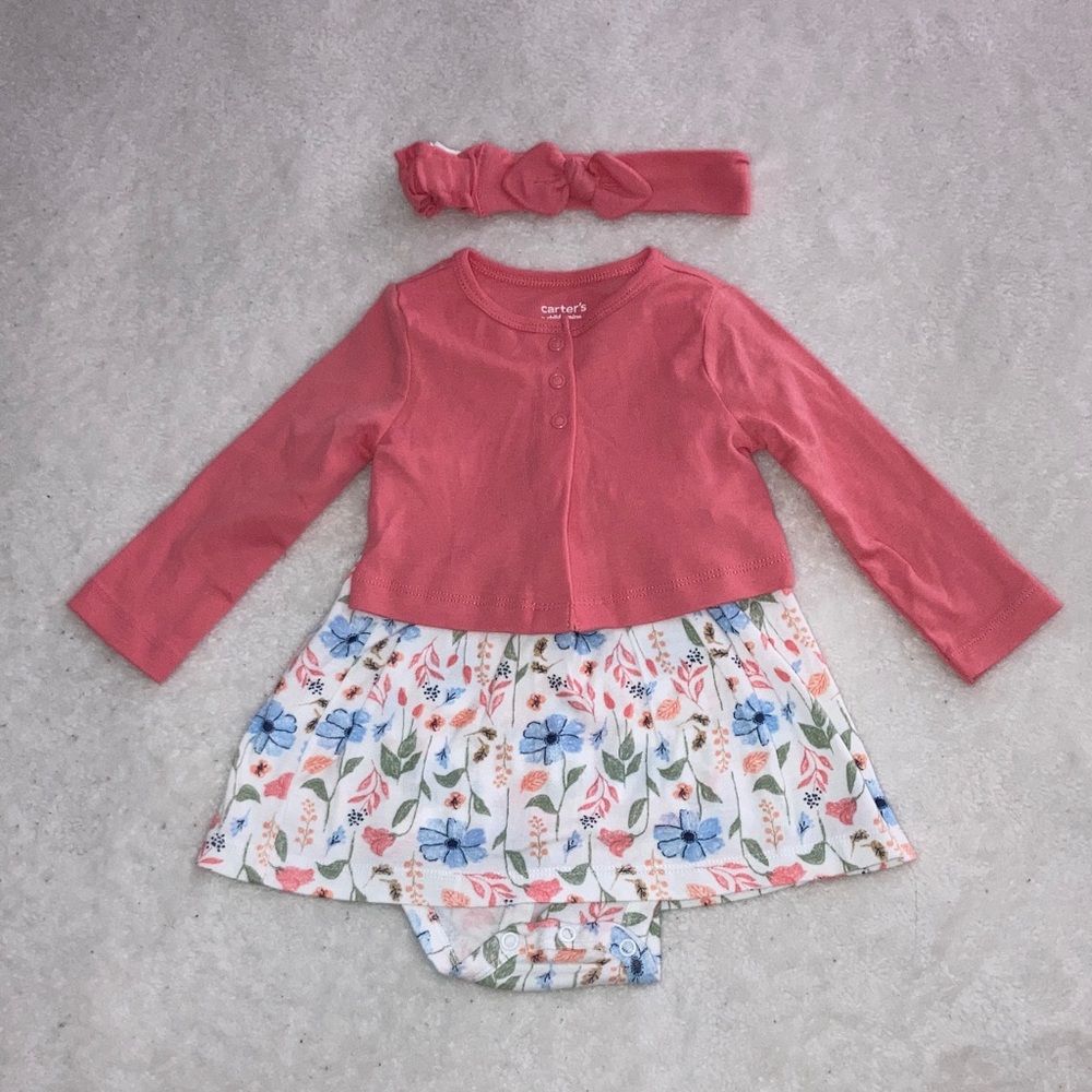 #69. Carter’s - Pink Floral Baby Dress with Headband